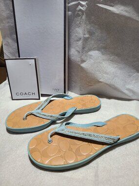 Coach Laurel Signature Vachetta Leather Beaded Blue Flip Flop Sandals